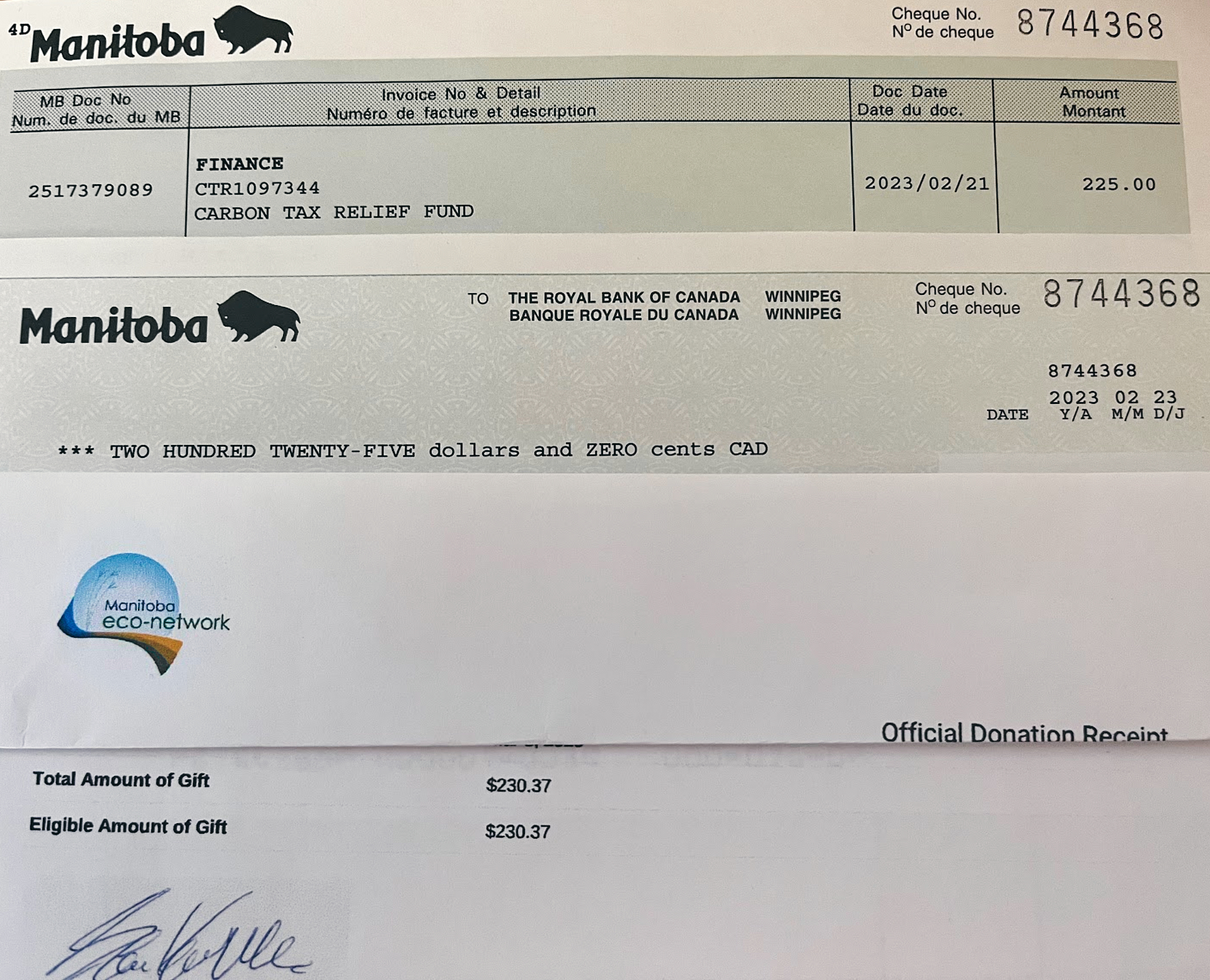 Photo image of the cheque and cheque stub for $225 for the Manitoba Carbon Tax Relief Fund accompanied with a donation receipt for $230.37 to the Manitoba Eco Network.