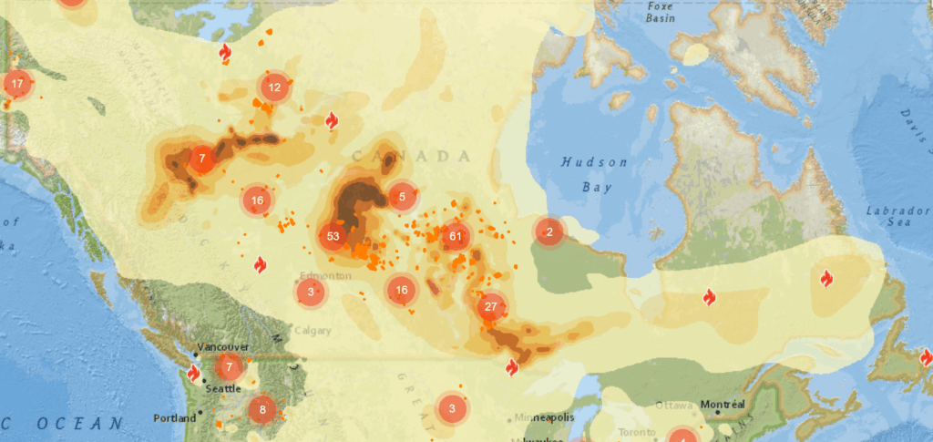 Screen capture from Firesmoke.ca showing smoke blanketing almost all of Canada, as of today, with many places in dangerously high intensity.
