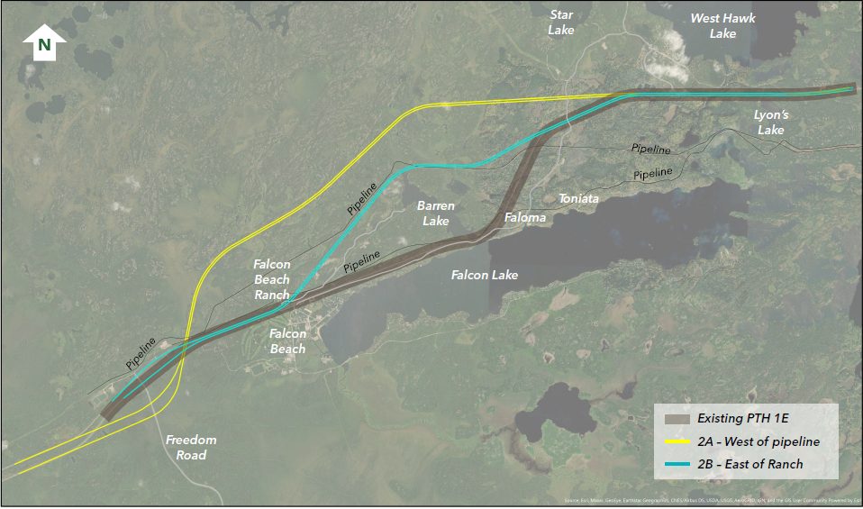 Map showing the proposed routes for twinning PTH1 near Falcon Lake and West Hawk
